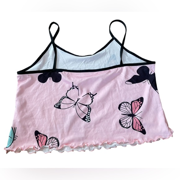 Retro Coquette Boho Whimsical Pink Blue Black Butterfly Lettuce Hem Crop Top - Picture 2 of 3
